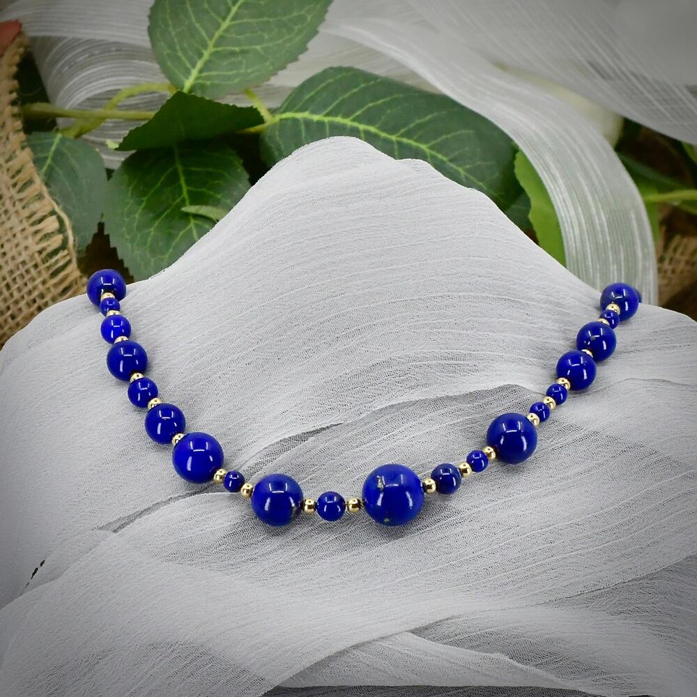14K Yellow Gold Clasp/Beads Lapis Lazuli Bead Necklace 20" Vintage 23.53g Tested